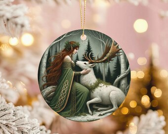 Celtic Forest Goddess and White Stag Ceramic Ornament: Pagan Yule Decor
