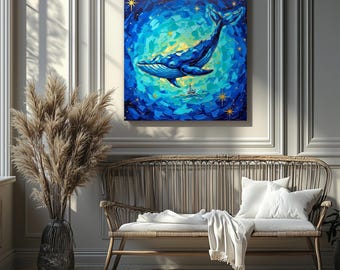 May include: A blue whale painting with a vibrant, textured style. The artwork depicts a whale swimming in a blue and yellow ocean, with a small sailboat and stars. The painting is displayed above a wicker bench with white pillows and a blanket.