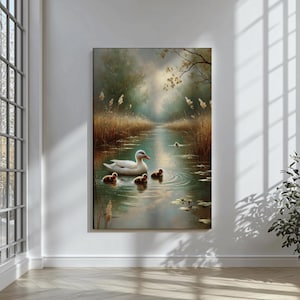Duck and Ducklings Wall Art Pond Nature Painting Baby Animal Print Cottagecore Nursery Decor Farmhouse Gift for Bird Lover