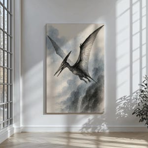 Pteranodon Dinosaur Wall Art | Flying Prehistoric Reptile Sumi-e Ink Print | Jurassic Sky Waterfall Decor | Dino Gift for Science Lovers