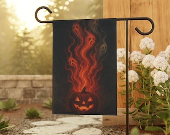 Pumpkin Fire Garden Flag: Spooky Halloween Jack O'Lantern Outdoor Decor