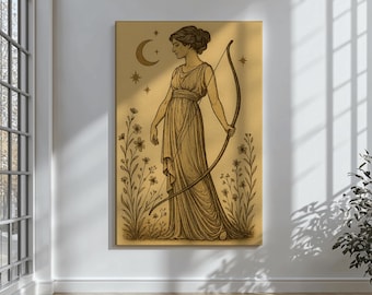 Greek Goddess Artemis Wall Art Mythology Print Moon Goddess Drawing Boho Pagan Decor Divine Feminine Archery Poster Gift for Her