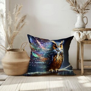 May include: Decorative throw pillow featuring a detailed owl illustration. The owl is perched on a branch, with a background of binary code and colorful feathers. The pillow has a dark background and is a square shape.