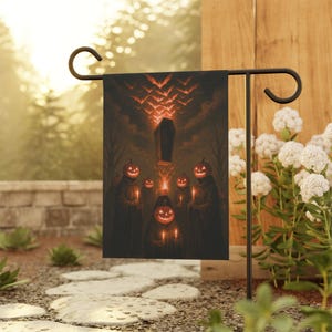Pumpkin Head Cult Halloween Garden Flag with Coffin Bats Gothic Spooky Outdoor Yard Haunted House Decoration