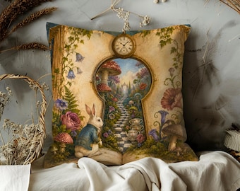 Può includere: Un cuscino quadrato con un'illustrazione stampata di un coniglio con una giacca blu davanti a un libro aperto. Le pagine del libro formano un portale a forma di serratura che rivela un sentiero in giardino, funghi, fiori e un orologio.