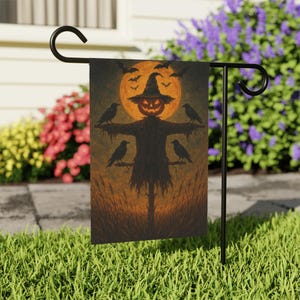 Halloween Garden Flag Pumpkin Scarecrow with Crows Full Moon Decor Fall Yard Banner Spooky Harvest Witchy Outdoor Sign