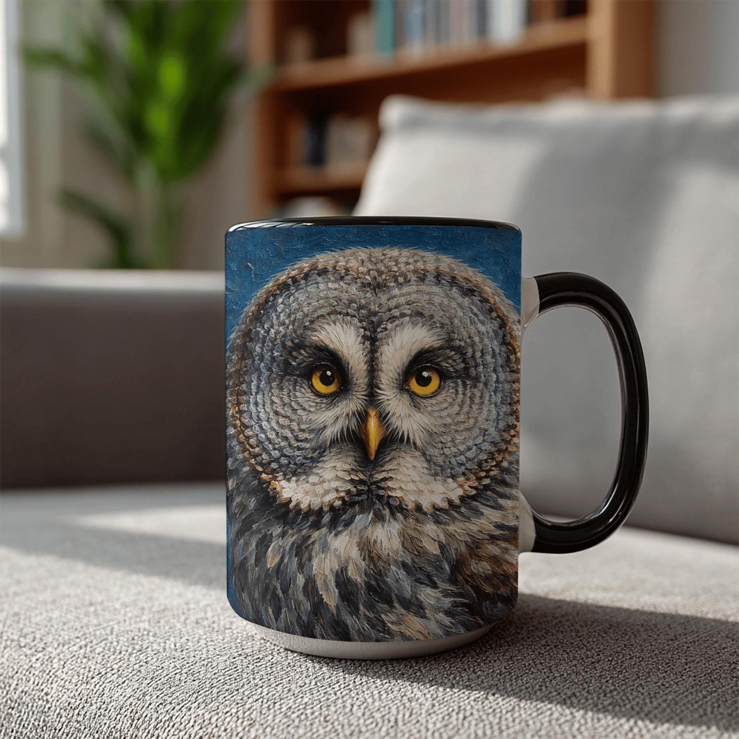 Gray Owl Mug, Van Gogh Starry Night Art, Ornithology Gift