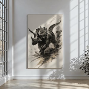 Triceratops Dinosaur Art Print | Sumi-e Ink Style Prehistoric Charging Beast | Bold Jurassic Wall Decor | Gift for Dino Enthusiasts