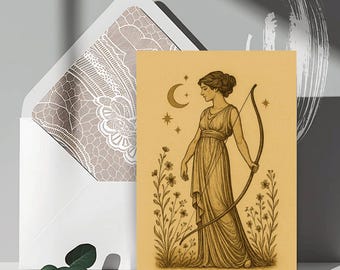 May include: Greeting card featuring a vintage illustration of a woman with a bow and arrow, set against a tan background with a crescent moon and stars. The card is accompanied by a white envelope with a patterned interior.