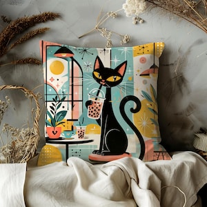 May include: Square throw pillow with a retro-style illustration of a black cat holding a bubble tea. The cat is set against a colorful backdrop with a window, plants, and geometric shapes. The pillow has a soft, textured appearance.