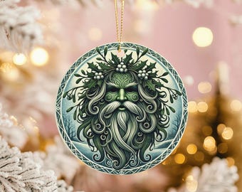 Green Man Yule Ornament: Celtic Pagan Winter Solstice Ceramic Decor