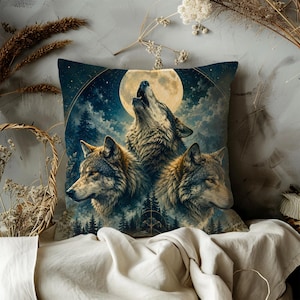 Wolf Pillow Cover Moon Throw Pillow Forest Animal Decor Wildlife Pillow Rustic Cabin Gift for Wolf Lover