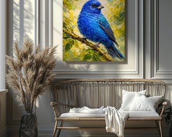 May include: A square canvas art print featuring a vibrant blue bird perched on a branch with green leaves. The bird's feathers are detailed, and the background has yellow and green hues. The artwork is displayed above a wicker bench with white pillows and a blanket.