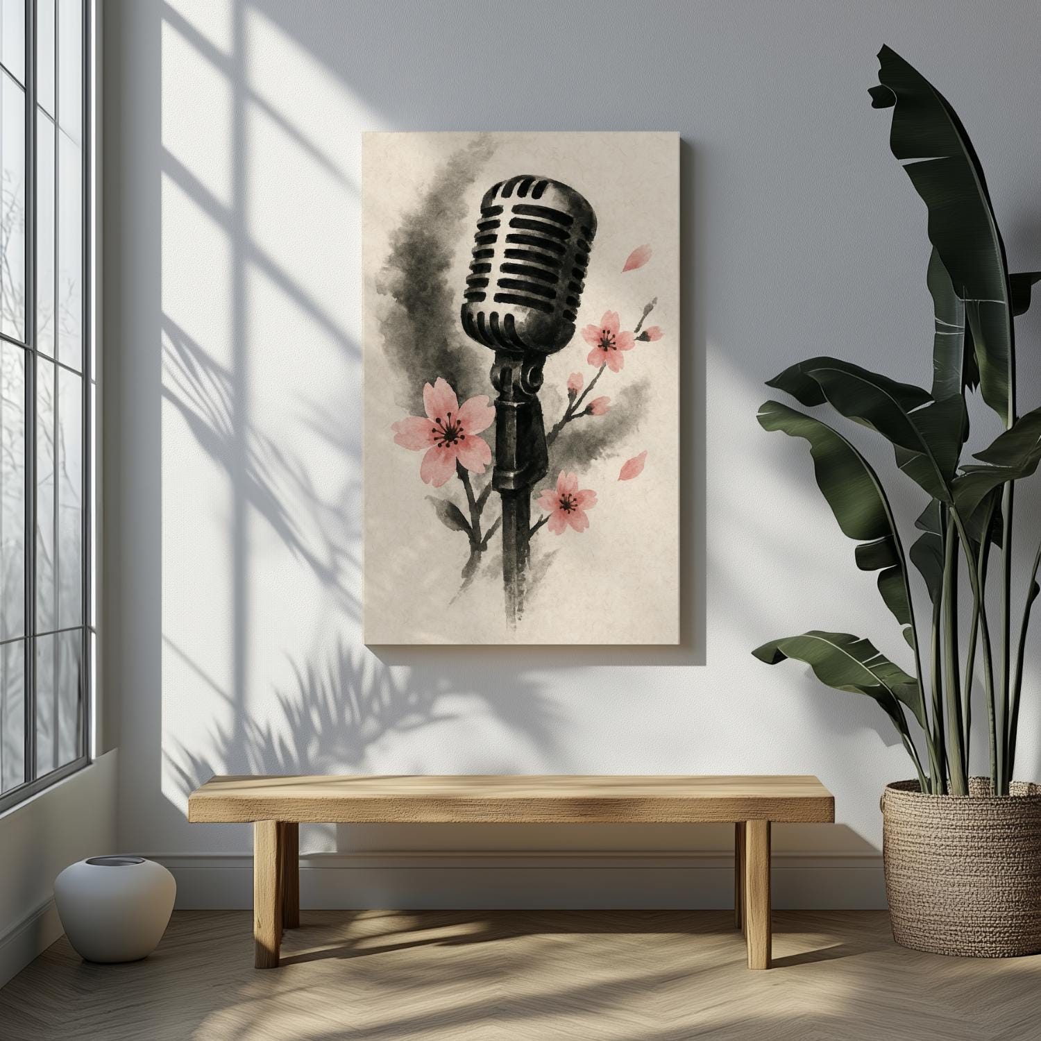Vintage Microphone Canvas Print: Cherry Blossom Music Studio Art