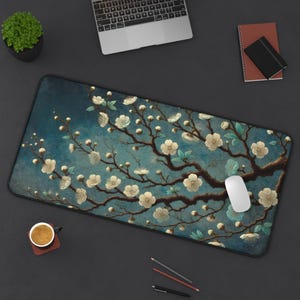 Cherry Blossom Desk Mat with Vintage Blue Background Japanese Floral Art Decor for Elegant Zen Office and Nature Inspired Spaces