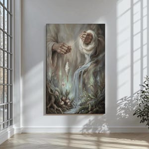 May include: A framed painting depicts hands spinning yarn with a spindle. The artwork features a waterfall, plants, and a soft color palette of beige, green, and white. The overall theme is nature and craftsmanship.