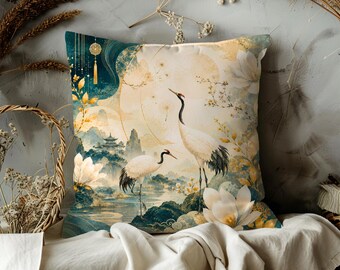 May include: Square decorative pillow with a serene Asian-inspired design. The pillow features a landscape with mountains, water, and two cranes. The color palette includes teal, gold, and cream, with floral and architectural elements.
