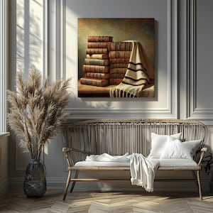 Jewish Heritage Canvas Wall Art Vintage Books and Tallit Print Judaica Decor Torah Study Room Gift for Rabbi Synagogue or Jewish Home