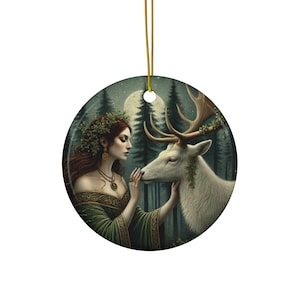Celtic Yule Ornament with White Stag | Pagan Forest Goddess Ceramic Ornament | Solstice Witchy Decor | Winter Tree Ornament
