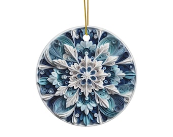 Blue & White Paper Quilling Snowflake Ornament Printed on Ceramic | Winter Mandala Decor