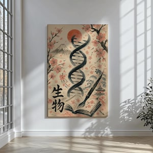 Sumi-e DNA Canvas Print Japanese Biology Art Science Teacher Gift Sakura Blossom Mount Fuji Ink Brush Book Decor for Lab Office Classroom