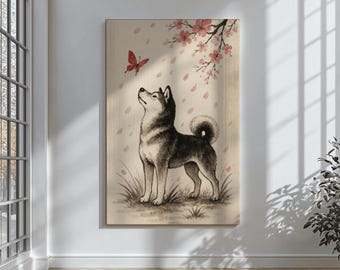 Shiba Inu Art Print | Japanese Sumi-e Dog Wall Decor | Cherry Blossom Ink Painting with Butterfly | Cute Spring Gift for Dog Lovers