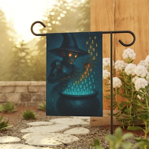 May include: A garden flag featuring a digital witch robot with a cauldron. The robot is wearing a witch hat and is surrounded by binary code. The flag is displayed on a black metal stand in a garden setting.