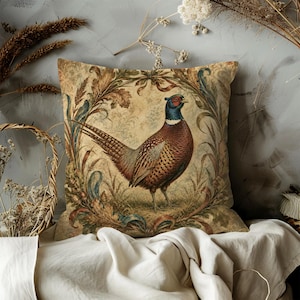 Pheasant Oak Wreath Pillow Cover | Classic Wildlife Art | Cozy Autumn Decor