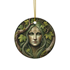 Forest Goddess Ceramic Ornament | Celtic Yule Decor, Druid Pagan Solstice Gift for Her | Green Witch Art Tree Spirit Wall Hanging