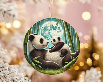 Panda and Baby Ceramic Ornament: Bamboo Forest Moon Christmas Decor