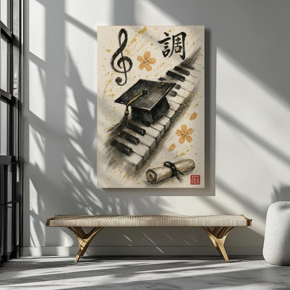 Music Graduation Canvas Art: Sumi-e Piano Keys, Cap & Diploma - Etsy