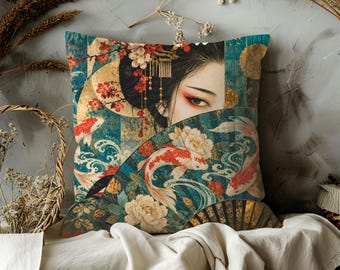 Woman with Koi Pillow Cover | Japanese Fan