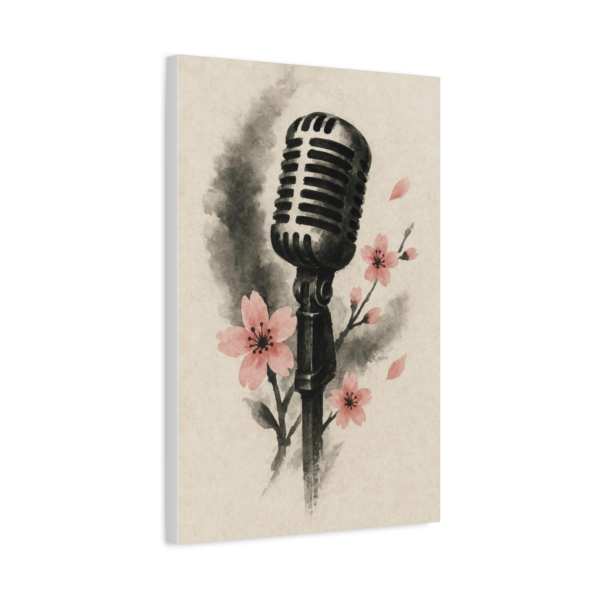 Vintage Microphone Canvas Print: Cherry Blossom Music Studio Art