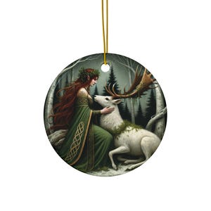 Celtic Forest Goddess and White Stag Ornament Pagan Yule Decor, Witchy Solstice Gift, One-Sided Ceramic Celtic Ornament