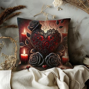 Gothic Heart Pillow Cover Dark Romantic Lace Cushion Black Rose and Candle Decor Valentines Day Gothic Gift Elegant Alternative Throw Pillow