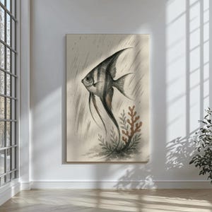 Kunstdruck Angelfish | Schwarz Silber Aquarell Fisch | Sumi-e Zen Pinselmalerei | Aquarium-Liebhaber-Geschenk | Minimalistisches aquatisches Dekor