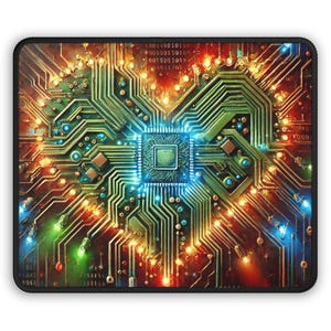 May include: A colorful circuit board with glowing lights, resembling a heart shape. The board is green with gold and red accents, and the lights are blue, green, and orange. The center of the board features a large, square chip.