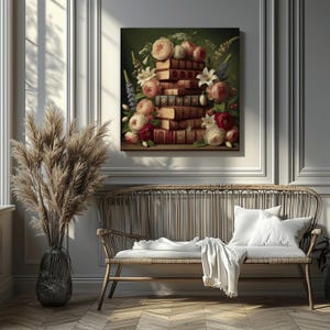 Floral Book Stack Canvas Print: Vintage Library Wall Art