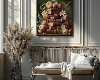 Floral Book Stack Canvas Print: Vintage Library Wall Art