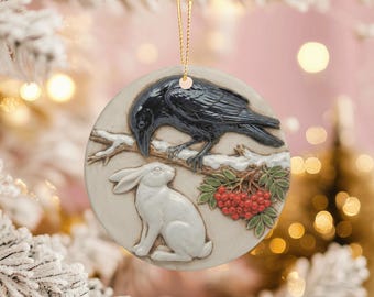 Raven and Hare Yule Ornament: Pagan Winter Solstice Ceramic Bauble
