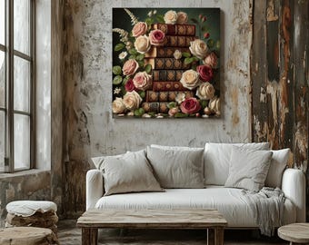 Vintage Book Stack & Roses Canvas Print: Romantic Library Wall Art