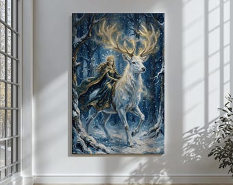 Winter Goddess White Stag Canvas Art Celtic Pagan Wall Decor Yule Solstice Gift