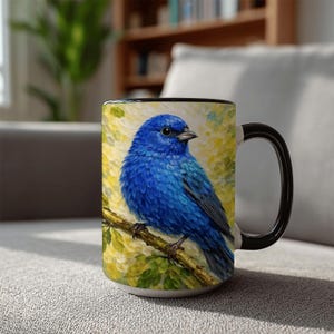 May include: A ceramic mug featuring a vibrant blue bird perched on a branch, set against a yellow and green background. The mug has a black handle and interior, creating a striking contrast. The design showcases a detailed illustration of the bird.