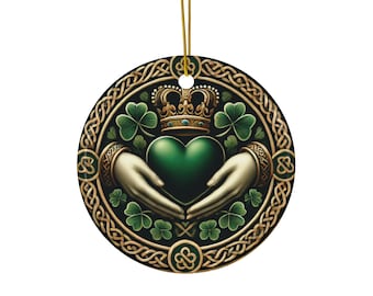 Adorno de cerámica con forma de corazón de Claddagh celta, decoración navideña irlandesa con tréboles