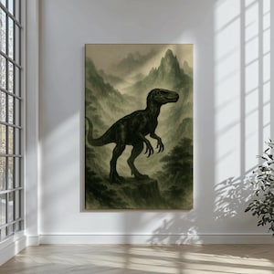 Velociraptor Dinosaur Wall Art | Green Ink Prehistoric Jungle Illustration | Sumi-e Style Dino Print | Gift for Kids, Teens, Dino Lovers