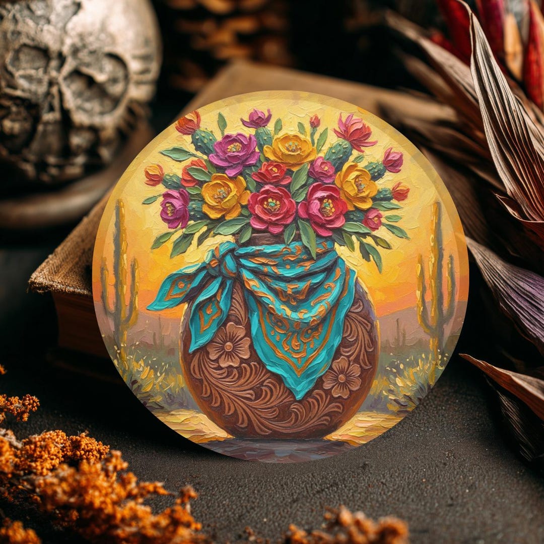 Southwestern Ceramic Coaster, Tooled Leather Vase, Cactus Flower
