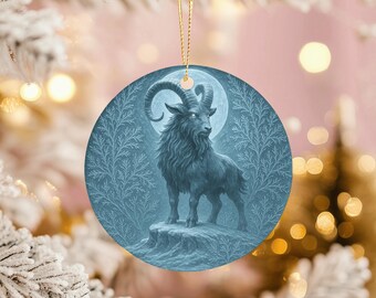 Moonlit Goat Ceramic Ornament, Gothic Yule Pagan Decor