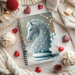 Chess Horse Notebook Elegant Spiral Journal with Lace Knight Piece Fantasy Stationery Gift Chess Lovers Writers Winter Snow Art Sketchbook
