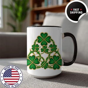 Shamrock Mug Four Leaf Clover Cup St Patricks Day Gift Irish Coffee Mug Celtic Knot Design Good Luck Charm Green Gold Art