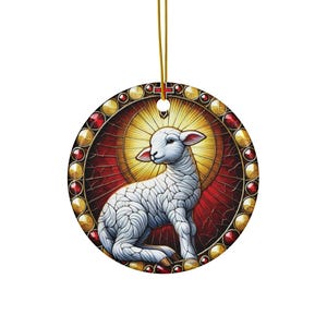 Lamb of God Ornament Printed on Ceramic | Stained Glass Sacred Lamb | Christian Holiday Decor